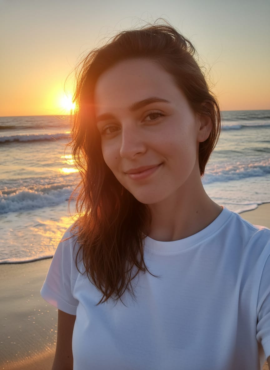 Sunset beach selfie of a young woman against the ocean horizon.