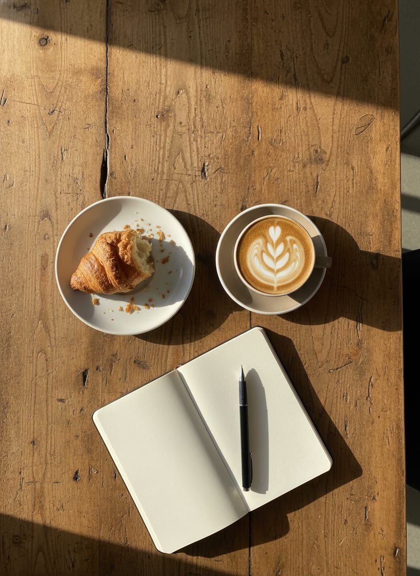 Overhead flat-lay of a cappuccino with latte art, a torn croissant, and an open notebook on a wooden cafe table.