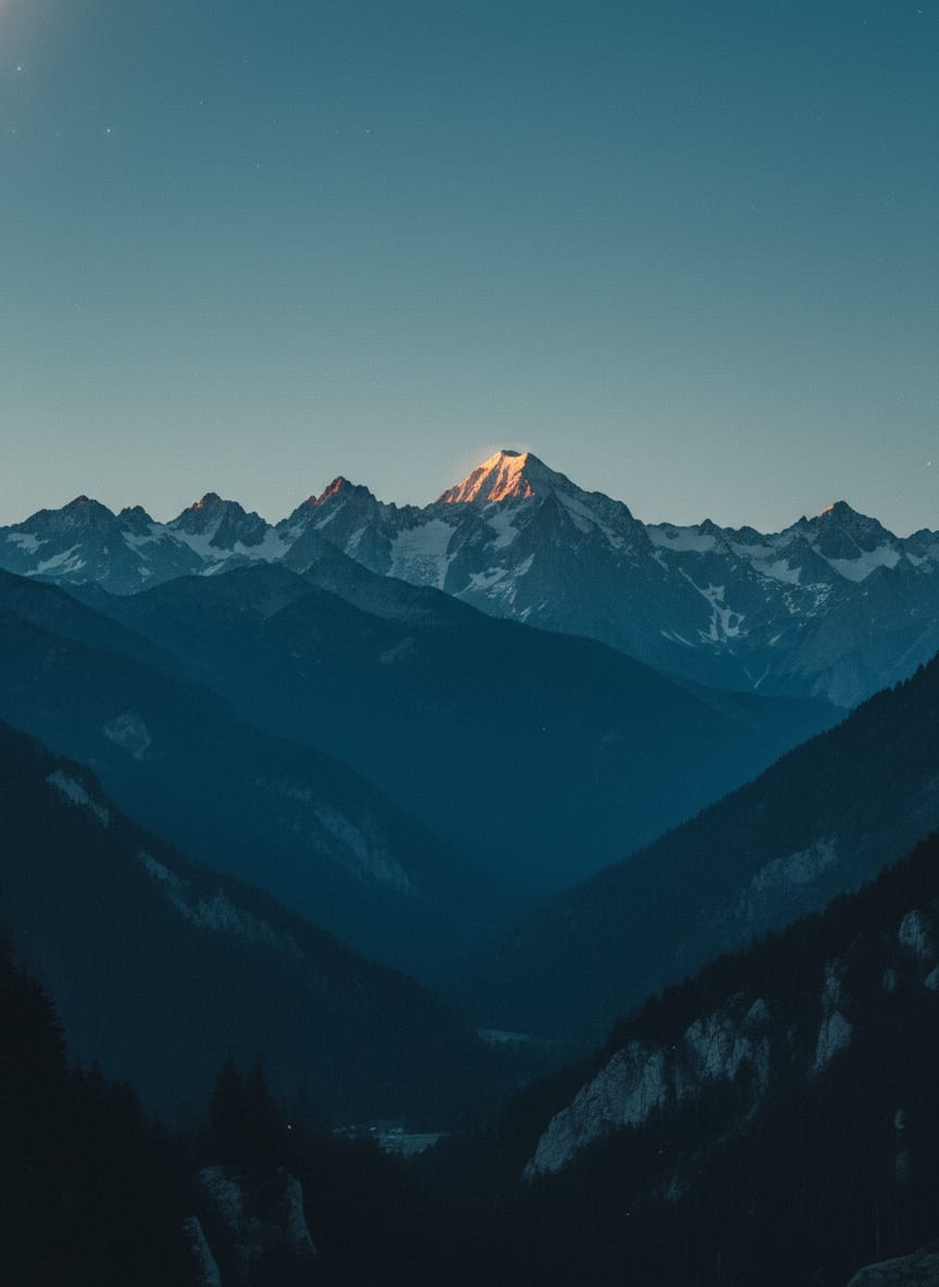 Mountain ridge at blue hour with a single sunlit summit.