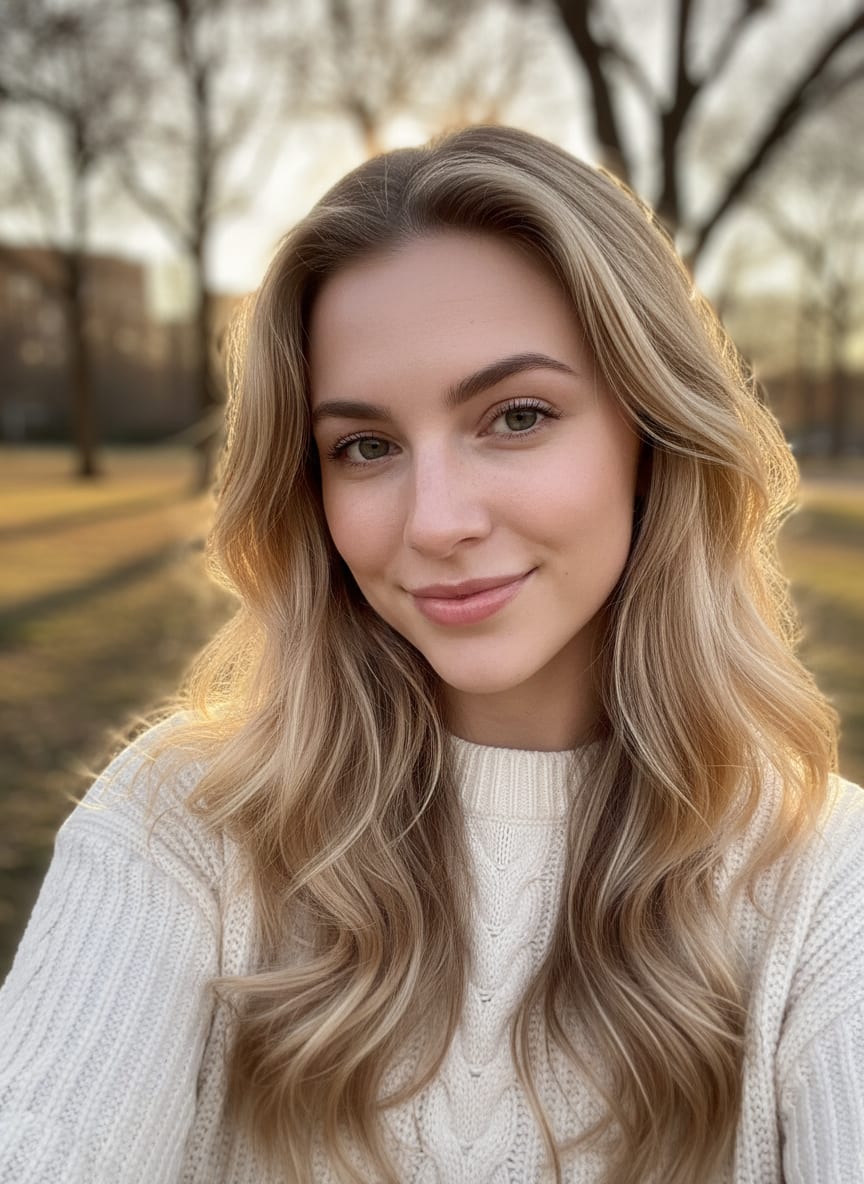 Casual park selfie of a young blonde woman with a friendly half-smile in warm afternoon light.