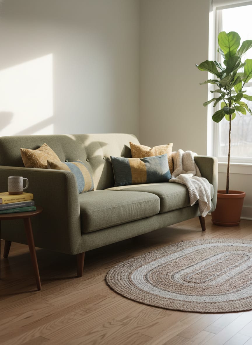 Listing photo of an olive-green linen sofa in a sunlit living room with a fiddle-leaf-fig plant.
