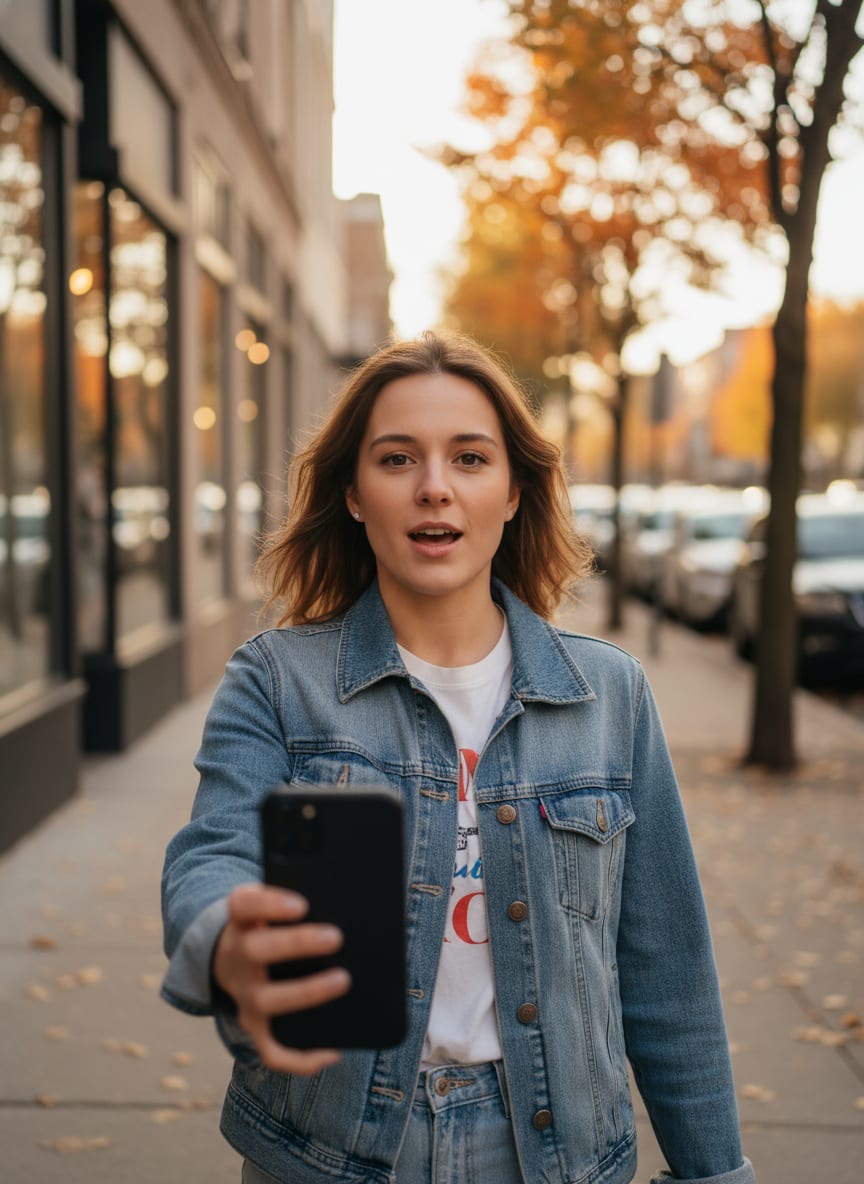Paused walking-vlog still: a young woman in a denim jacket holding a phone at arm's length on a sunlit city sidewalk in autumn.