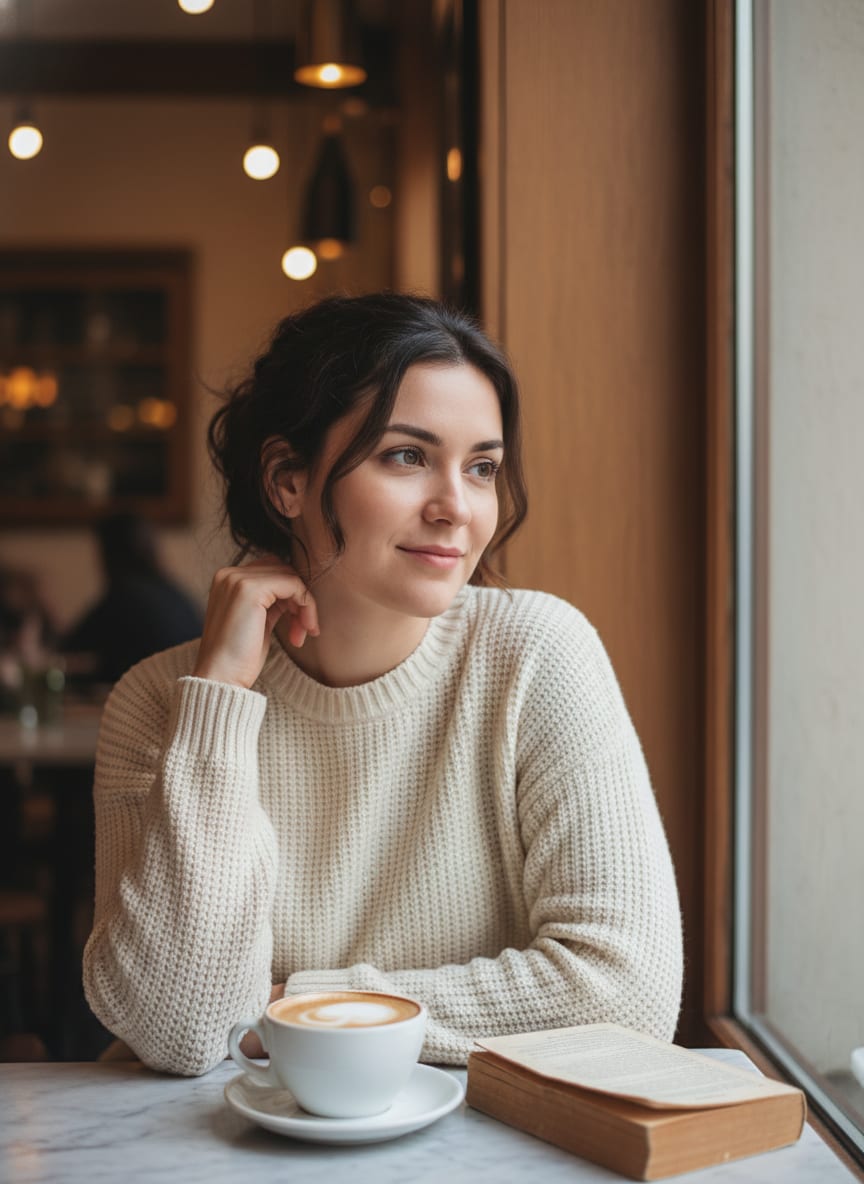 Candid cafe-window selfie of a woman in a cream sweater — the kind of photo someone might use on a dating profile.