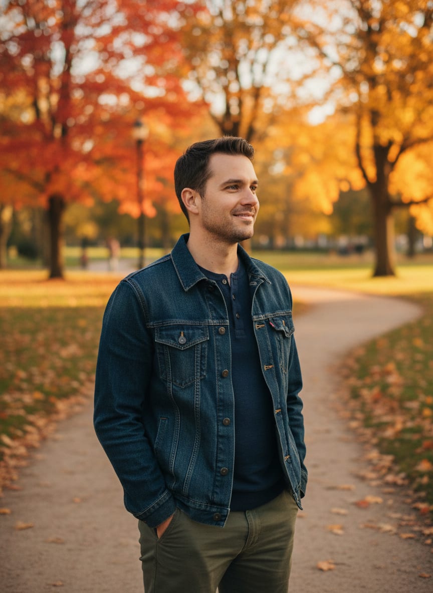 Casual candid park photo of a man in an autumn city park, suitable for a dating-app profile.