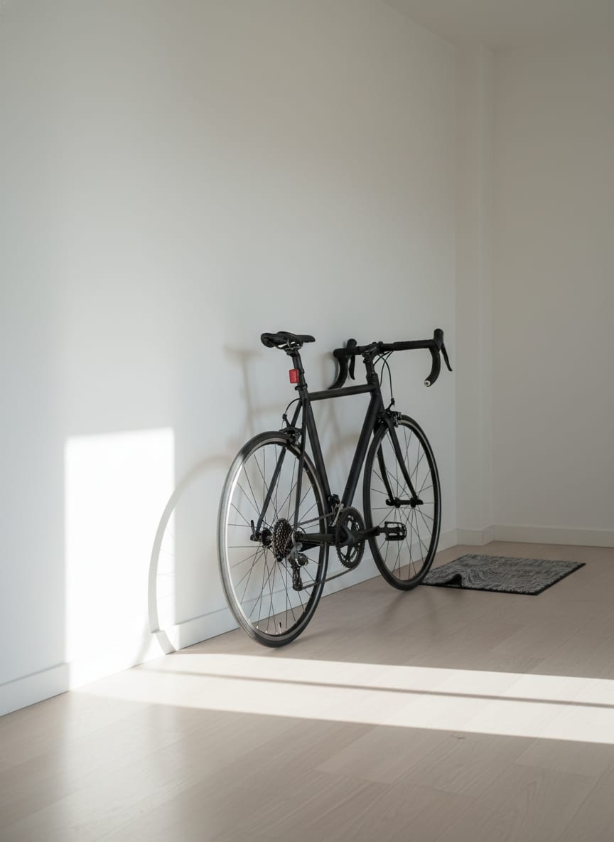 A matte-black bike leaning against the wall of an apartment hallway.