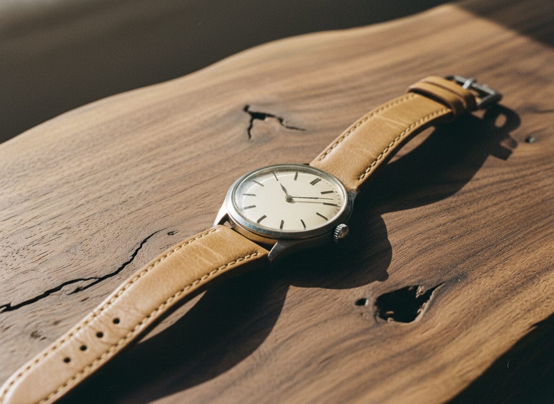 A vintage mechanical wristwatch on a walnut surface.