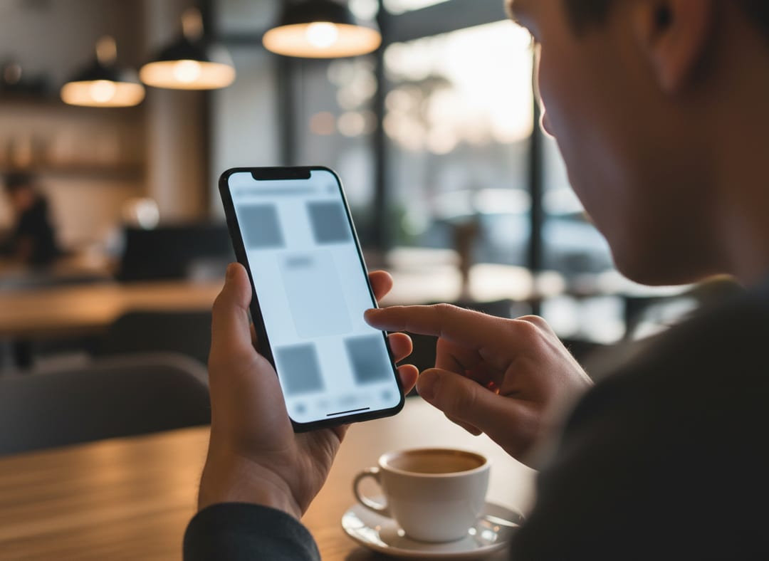 Over-the-shoulder view of a hand holding a smartphone, about to post a photo on a social feed.