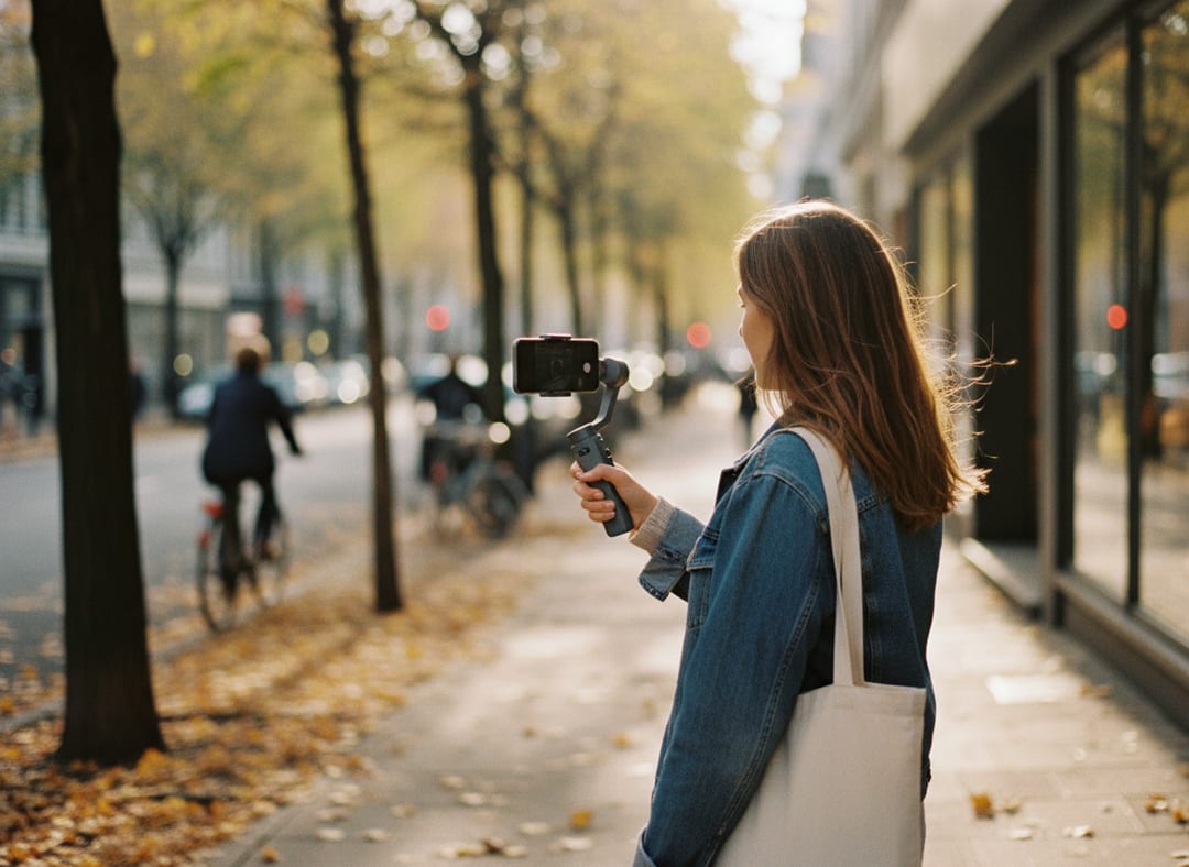 A young woman walking down an autumn city street with a smartphone on a handheld gimbal.
