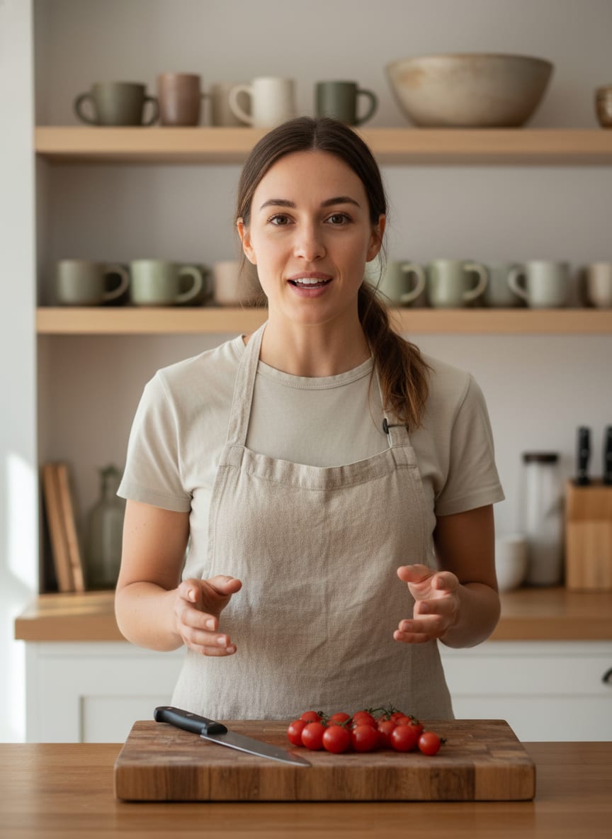 Paused frame from a cooking vlog: a young woman by a sunlit kitchen island looking at the lens of a smartphone on a tripod.